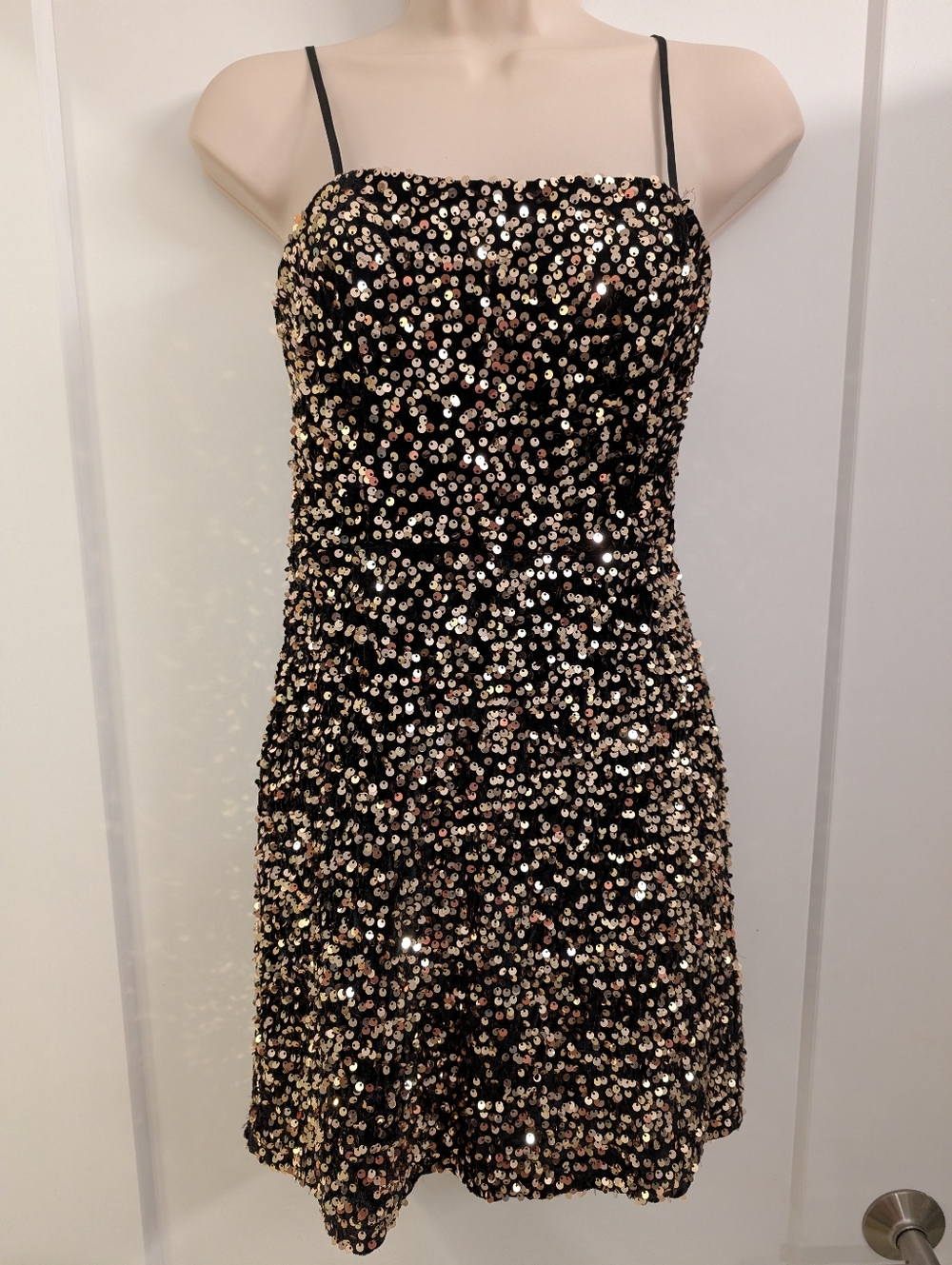 Black Sequin Spaghetti-Strap Party Dress.